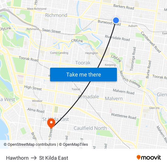 Hawthorn to St Kilda East map