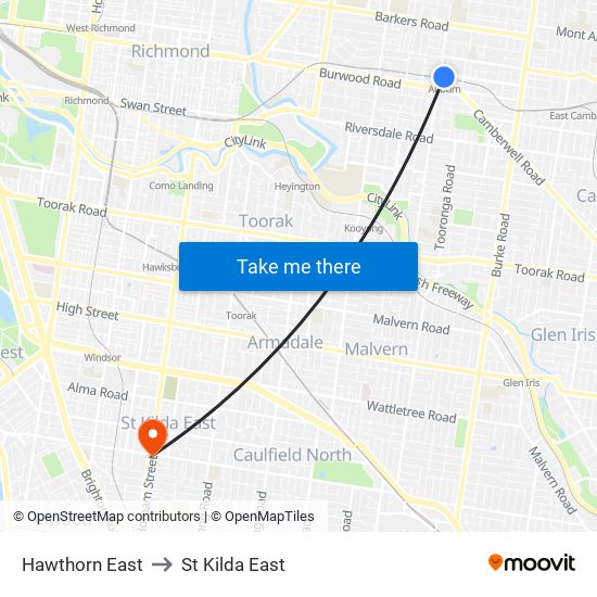 Hawthorn East to St Kilda East map