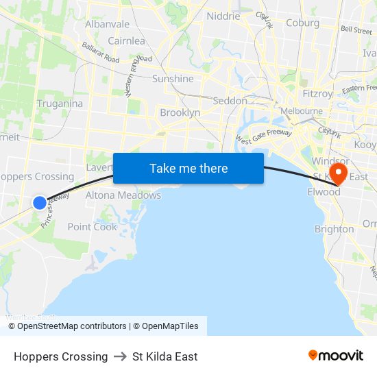 Hoppers Crossing to St Kilda East map