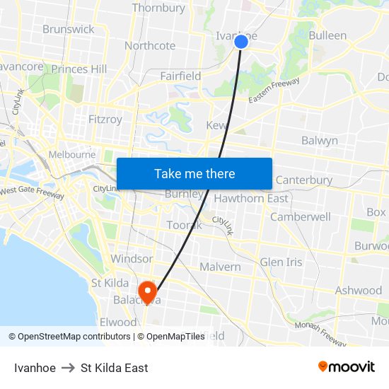 Ivanhoe to St Kilda East map