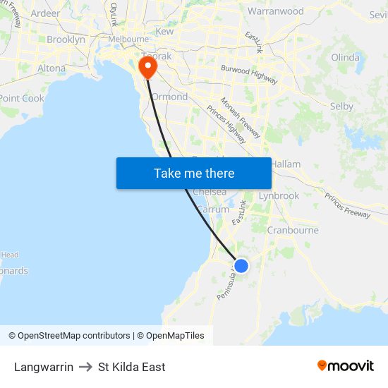 Langwarrin to St Kilda East map