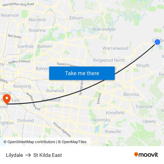 Lilydale to St Kilda East map