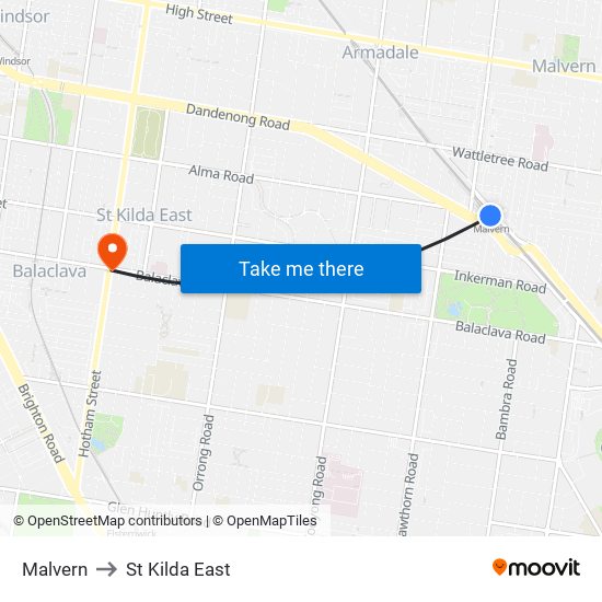 Malvern to St Kilda East map