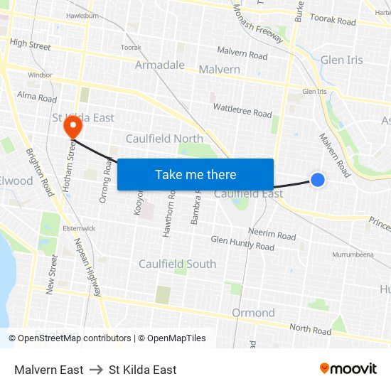 Malvern East to St Kilda East map