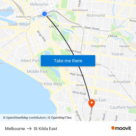 Melbourne to St Kilda East map