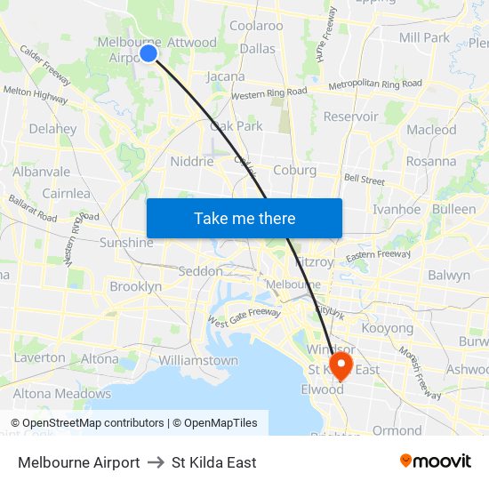 Melbourne Airport to St Kilda East map