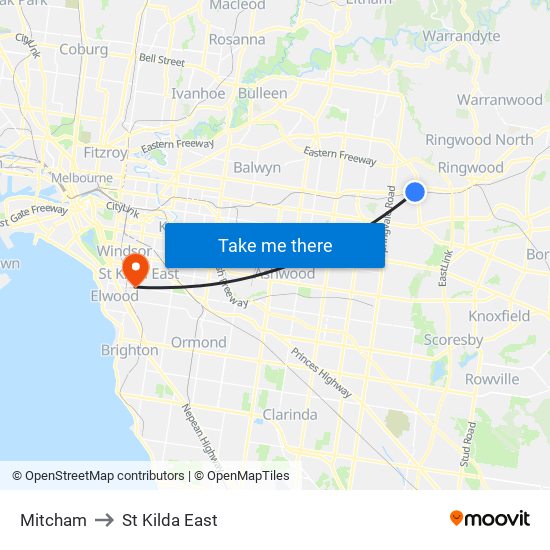 Mitcham to St Kilda East map