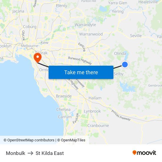 Monbulk to St Kilda East map