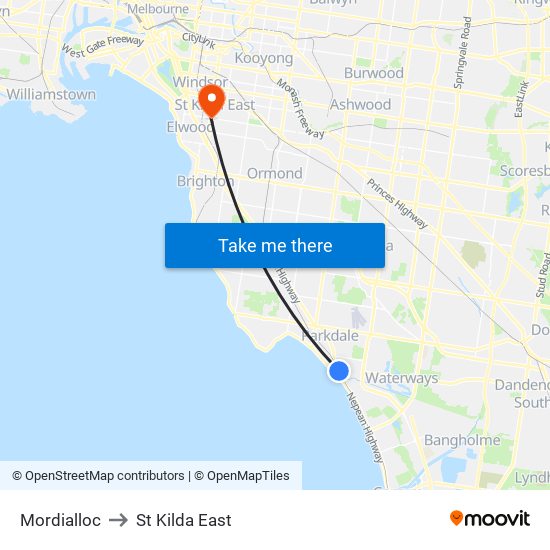 Mordialloc to St Kilda East map