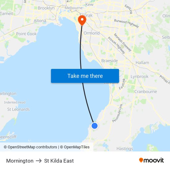 Mornington to St Kilda East map