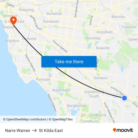 Narre Warren to St Kilda East map