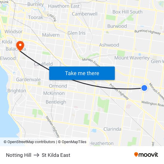 Notting Hill to St Kilda East map