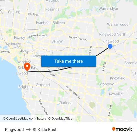 Ringwood to St Kilda East map