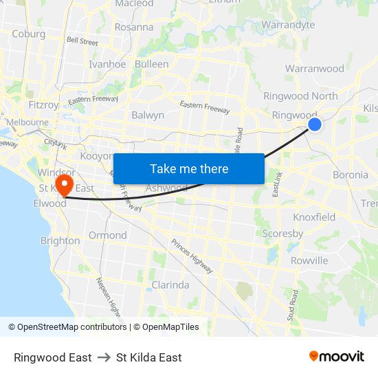 Ringwood East to St Kilda East map