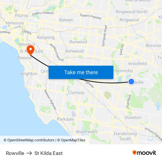 Rowville to St Kilda East map