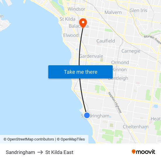 Sandringham to St Kilda East map