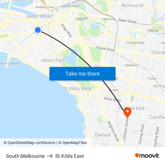 South Melbourne to St Kilda East map