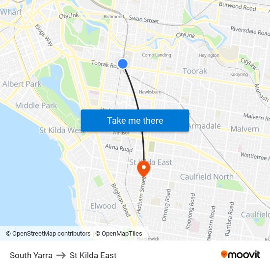 South Yarra to St Kilda East map