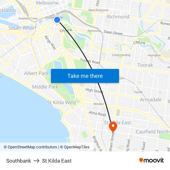 Southbank to St Kilda East map