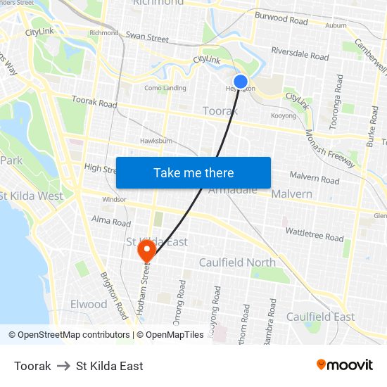 Toorak to St Kilda East map