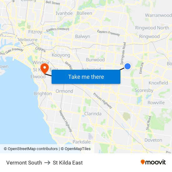 Vermont South to St Kilda East map