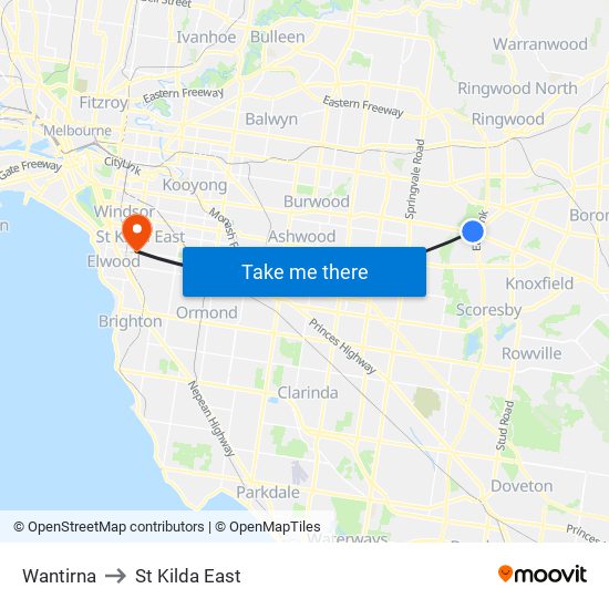 Wantirna to St Kilda East map