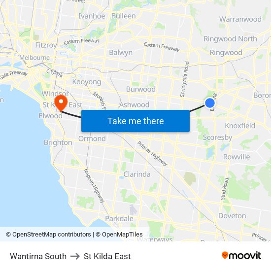 Wantirna South to St Kilda East map