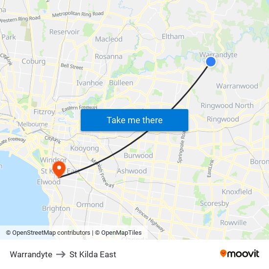 Warrandyte to St Kilda East map