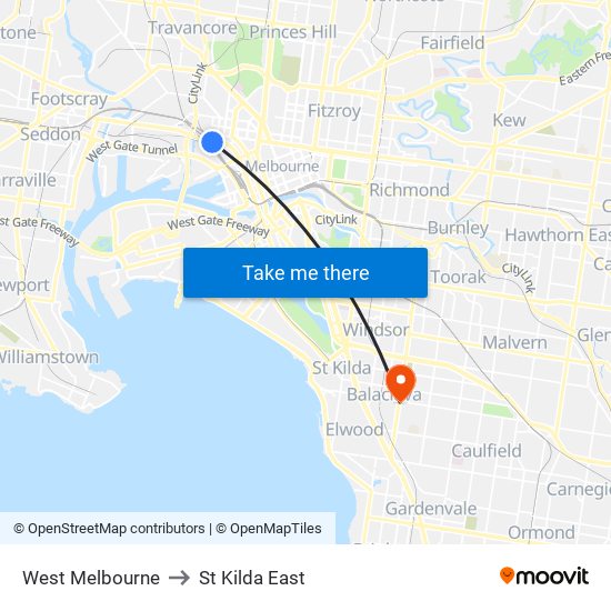 West Melbourne to St Kilda East map