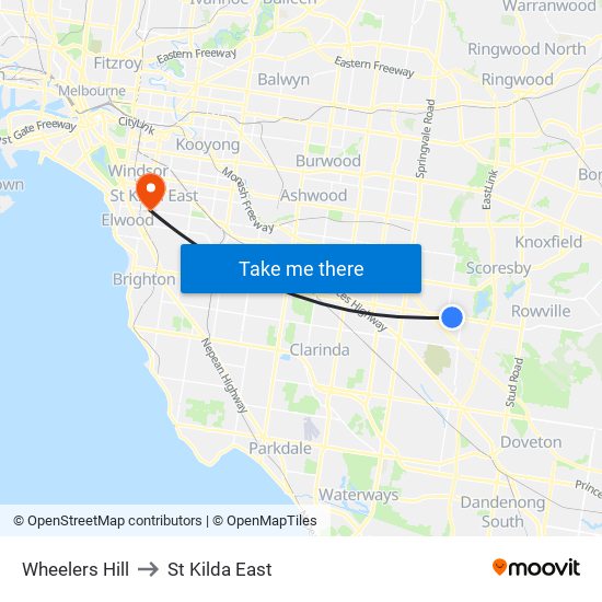 Wheelers Hill to St Kilda East map