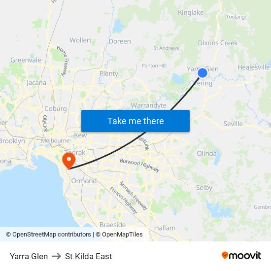 Yarra Glen to St Kilda East map