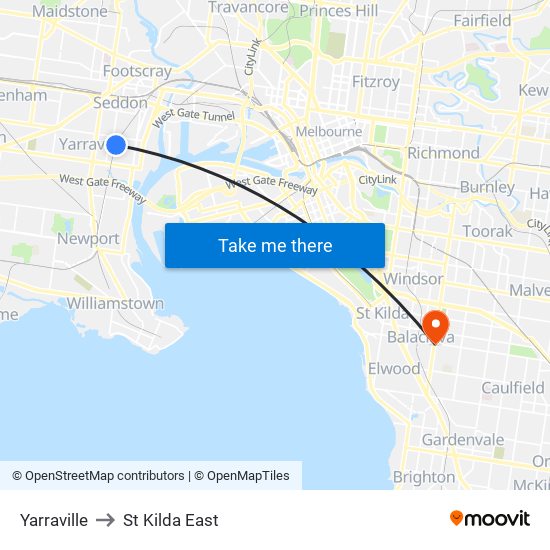 Yarraville to St Kilda East map