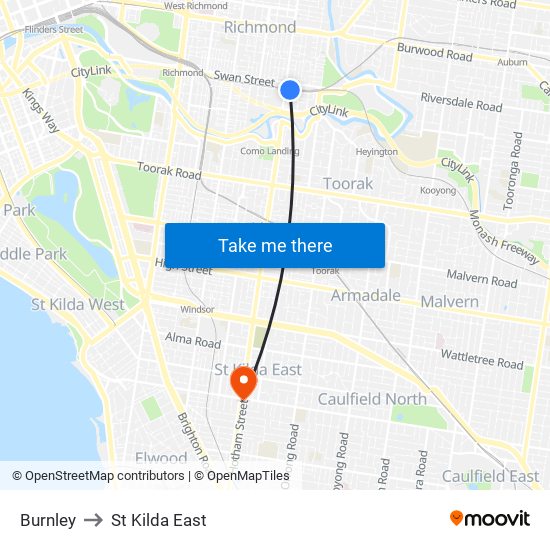 Burnley to St Kilda East map