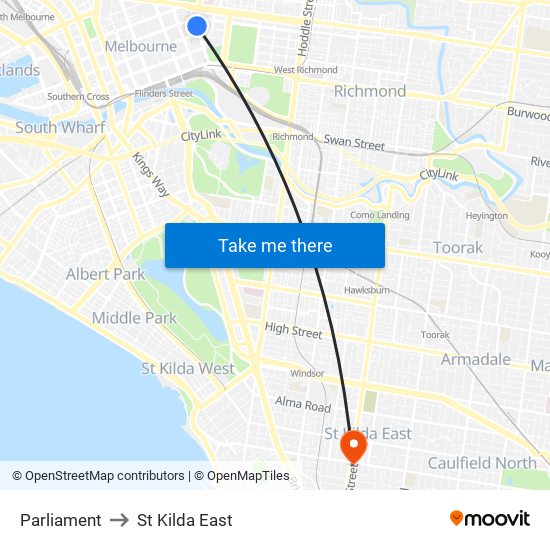 Parliament to St Kilda East map