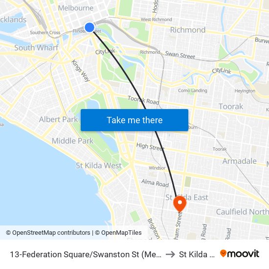 13-Federation Square/Swanston St (Melbourne City) to St Kilda East map