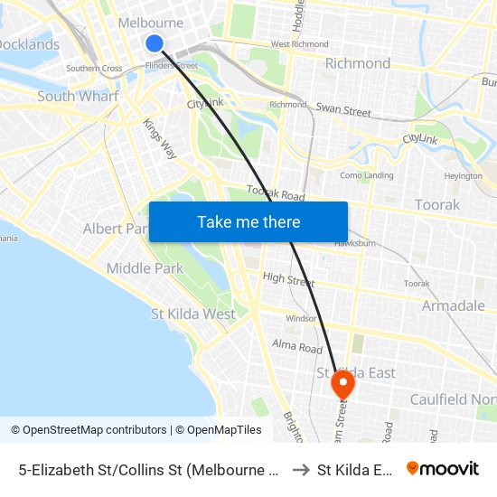 5-Elizabeth St/Collins St (Melbourne City) to St Kilda East map