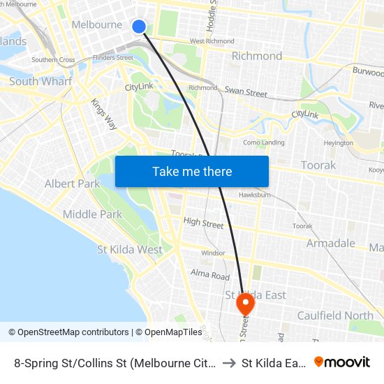 8-Spring St/Collins St (Melbourne City) to St Kilda East map