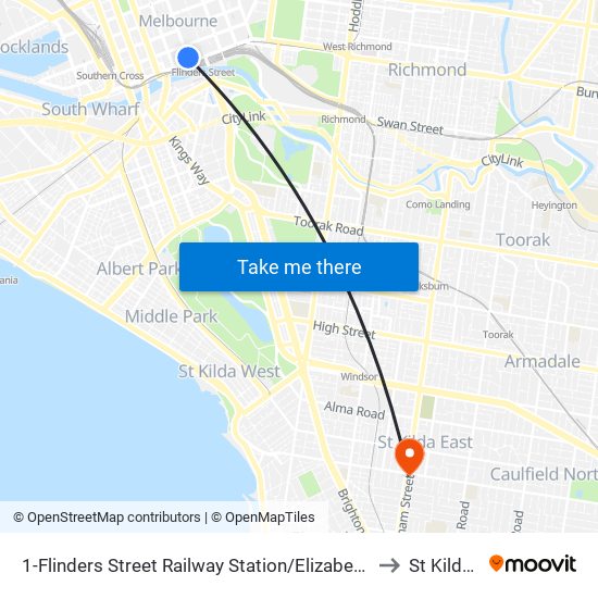 1-Flinders Street Railway Station/Elizabeth St (Melbourne City) to St Kilda East map