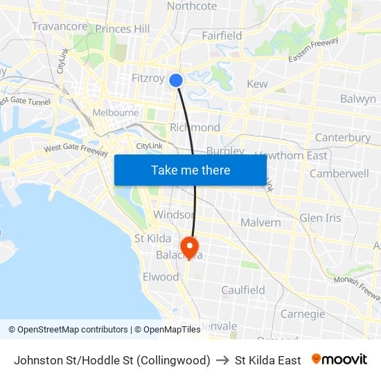 Johnston St/Hoddle St (Collingwood) to St Kilda East map