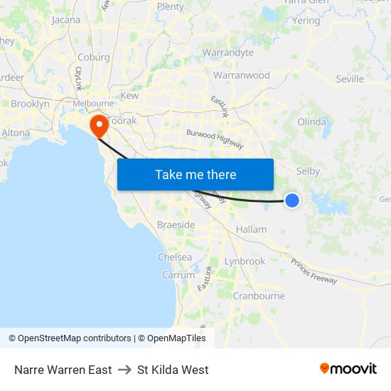 Narre Warren East to St Kilda West map
