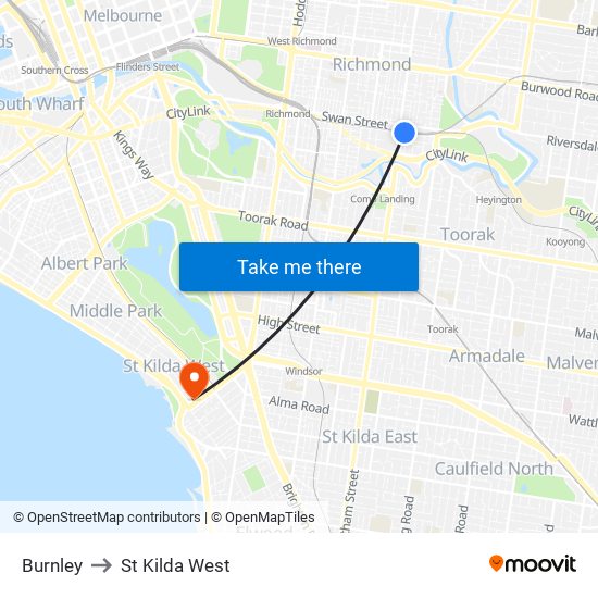 Burnley to St Kilda West map