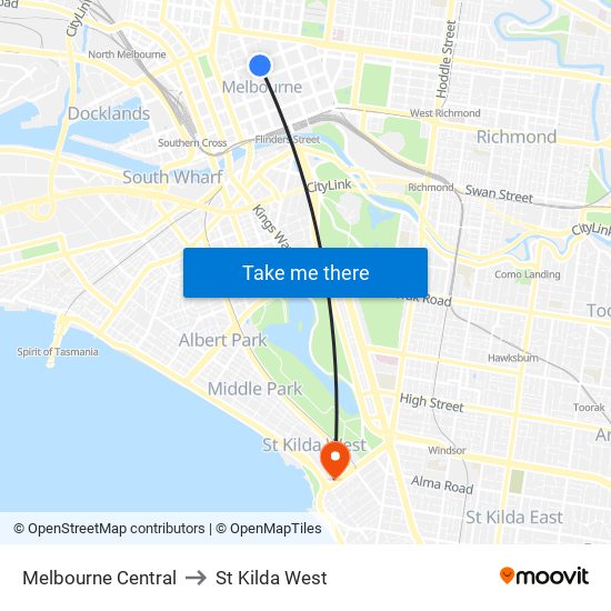 Melbourne Central to St Kilda West map