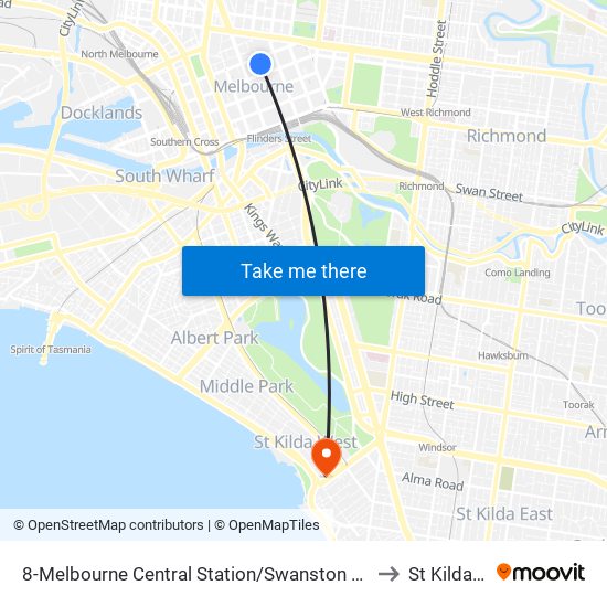 8-Melbourne Central Station/Swanston St (Melbourne City) to St Kilda West map