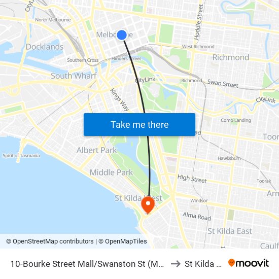 10-Bourke Street Mall/Swanston St (Melbourne City) to St Kilda West map