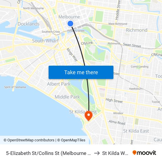 5-Elizabeth St/Collins St (Melbourne City) to St Kilda West map