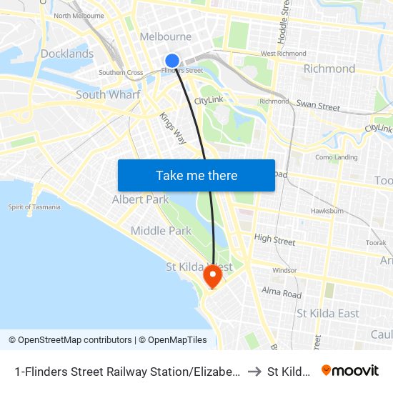 1-Flinders Street Railway Station/Elizabeth St (Melbourne City) to St Kilda West map