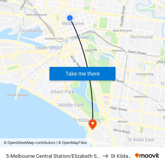 5-Melbourne Central Station/Elizabeth St (Melbourne City) to St Kilda West map