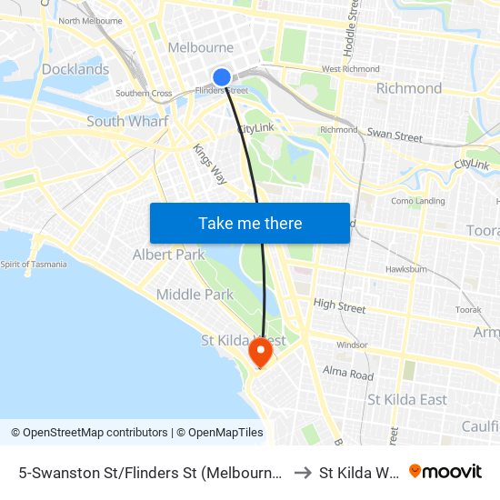 5-Swanston St/Flinders St (Melbourne City) to St Kilda West map