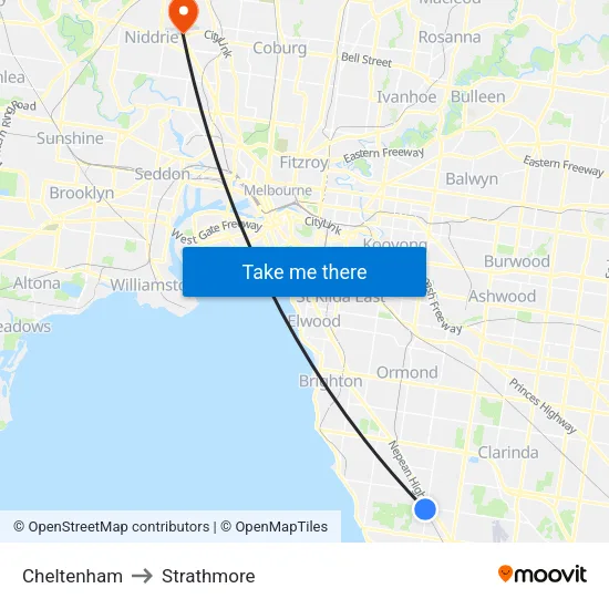 Cheltenham to Strathmore map