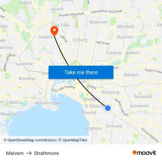 Malvern to Strathmore map